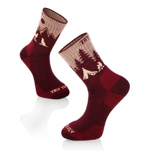 Merino vilnas pārgājienu zeķes ar vilka attēlu - bordo